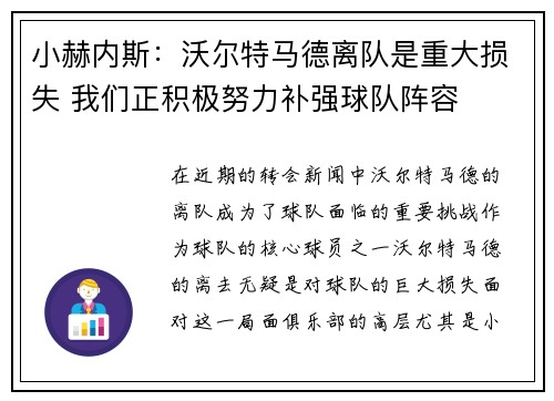小赫内斯：沃尔特马德离队是重大损失 我们正积极努力补强球队阵容