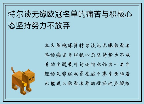 特尔谈无缘欧冠名单的痛苦与积极心态坚持努力不放弃